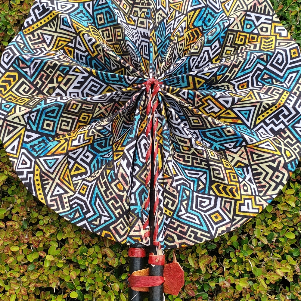 African Ankara Print Folding Fan . Made With Leather Handles .
